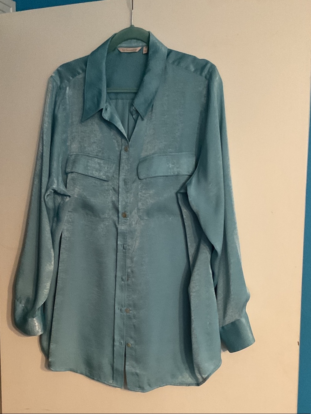 Soft Surroundings Satin Button-Front Blouse in Aqua